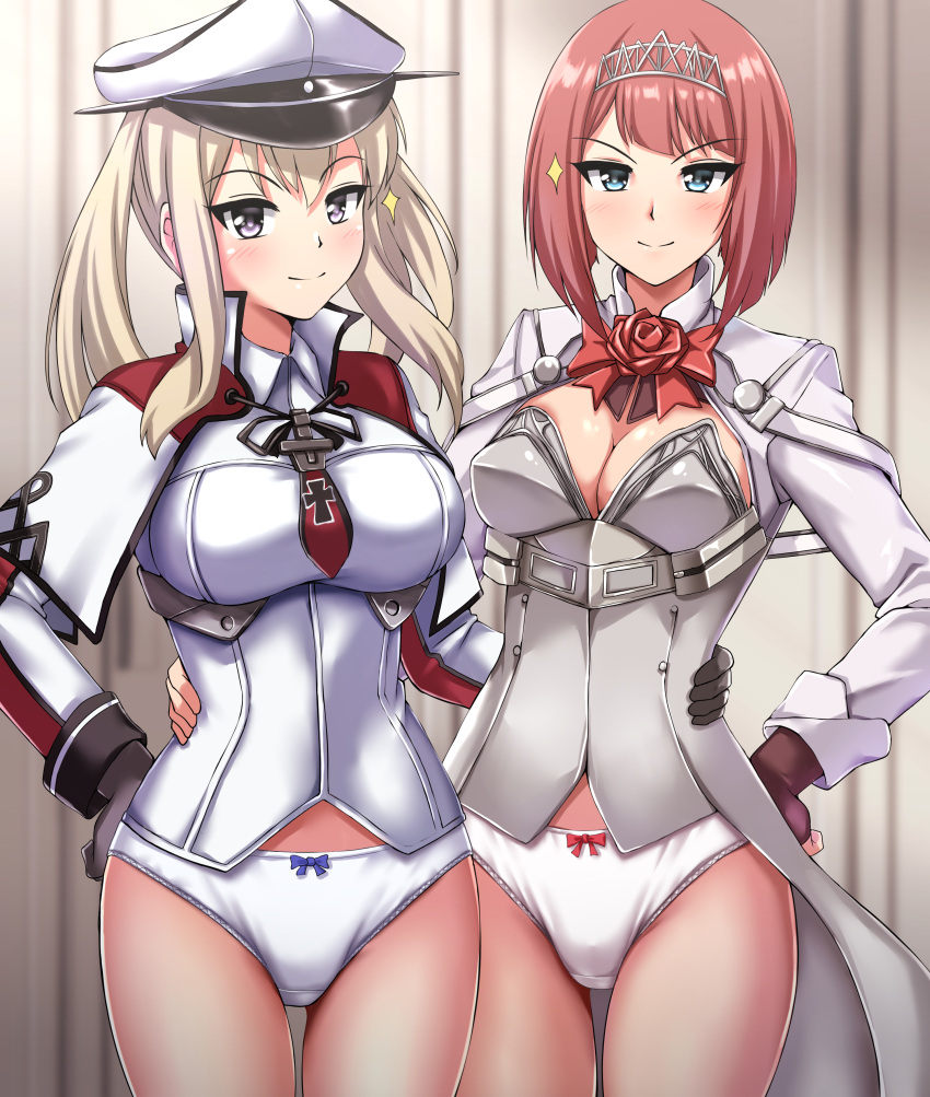 2girls absurdres ark_royal_(kancolle) bangs black_gloves blonde_hair blue_eyes blunt_bangs bob_cut breasts brown_gloves celtic_knot cleavage_cutout clothing_cutout corset cross fingerless_gloves flower gloves graf_zeppelin_(kancolle) hair_between_eyes hat highres inverted_bob iron_cross jacket kantai_collection large_breasts long_sleeves medium_breasts military military_uniform multiple_girls panties peaked_cap purple_eyes red_flower red_hair red_ribbon red_rose ribbon rose short_hair sidelocks tiara twintails underwear uniform white_corset white_jacket white_panties zanntetu