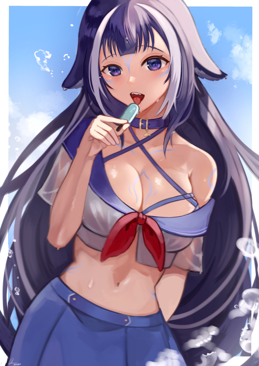 1girl absurdres bangs bare_shoulders blue_skirt blush breasts cleavage collar criss-cross_halter facial_tattoo fangs food halterneck highres indie_virtual_youtuber large_breasts looking_at_viewer multicolored_hair nannachu7 open_mouth orca_girl popsicle purple_eyes purple_hair see-through shylily skirt stomach tattoo tongue tongue_out virtual_youtuber