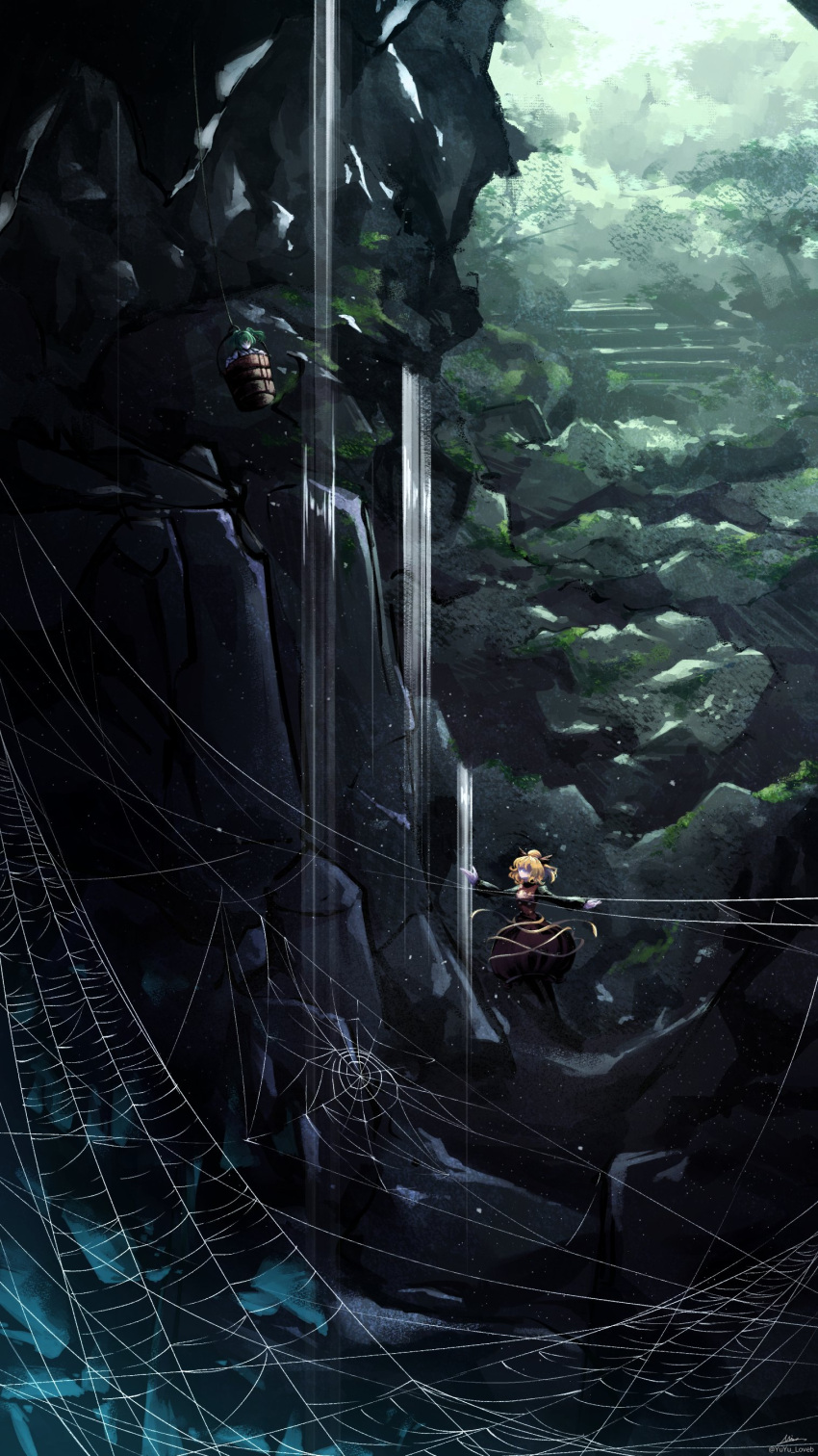 2girls absurdres black_bow black_shirt blonde_hair bow brown_dress bucket cave cave_interior commentary day dd_tachibana dress faceless green_hair hair_bow hanging highres japanese_clothes kimono kisume kurodani_yamame long_sleeves medium_hair multiple_girls outstretched_arms ponytail rock scenery shirt silk spider_web touhou tree twintails water waterfall white_kimono wide_shot wooden_bucket