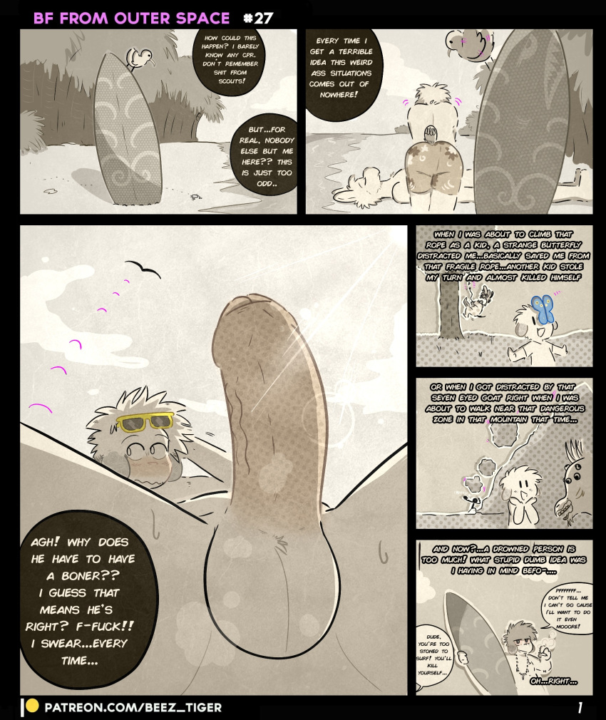 2021 absurd_res anthro balls beez blush bodily_fluids butt close-up comic dialogue foreskin genitals hi_res male mammal nick_(beez) penis roy_(beez) solo sweat