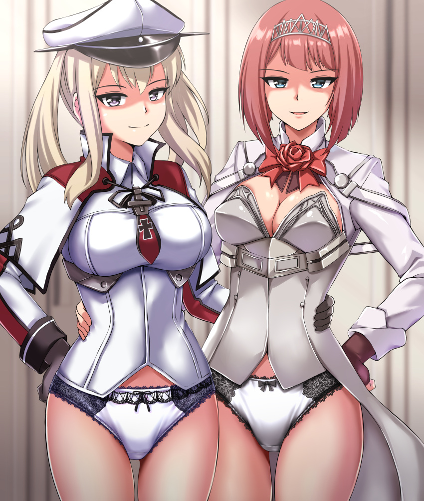 2girls absurdres ark_royal_(kancolle) bangs black_gloves blonde_hair blue_eyes blunt_bangs bob_cut breasts brown_gloves celtic_knot cleavage_cutout clothing_cutout corset cross fingerless_gloves flower gloves graf_zeppelin_(kancolle) hair_between_eyes hat highres inverted_bob iron_cross jacket kantai_collection large_breasts long_sleeves medium_breasts military military_uniform multiple_girls panties peaked_cap purple_eyes red_flower red_hair red_ribbon red_rose ribbon rose short_hair sidelocks tiara twintails underwear uniform white_corset white_jacket white_panties zanntetu