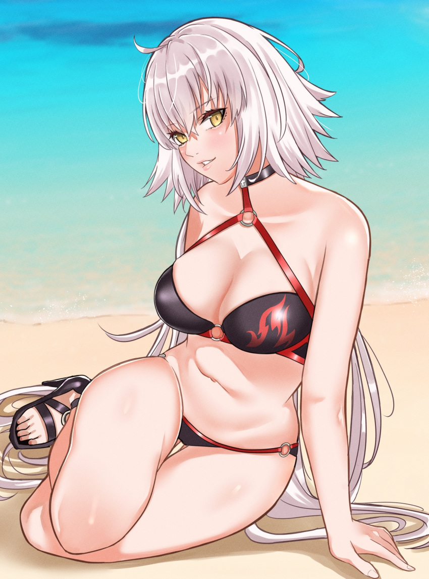 1girl ahoge arm_support bangs breasts cleavage crossed_bangs fate/grand_order fate_(series) grey_hair hair_between_eyes high_heels highres jeanne_d'arc_alter_(fate) jeanne_d'arc_alter_(swimsuit_berserker)_(fate) large_breasts light_blush long_hair looking_at_viewer ocean parted_lips sand sandals smile solo strappy_heels thigh_gap thighs toes tomotomow00w very_long_hair water white_hair yellow_eyes