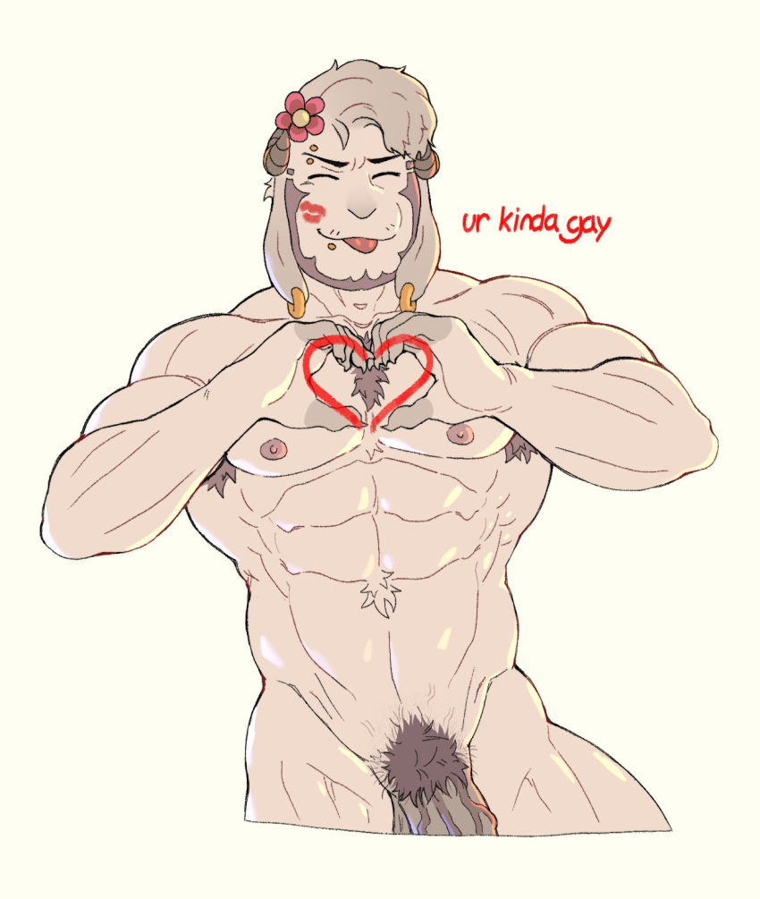 &lt;3 2022 abs accessory anthro armpit_hair beard big_muscles big_penis body_hair bovid caprine chest_hair ear_piercing ear_ring english_text eyebrow_piercing eyebrows eyes_closed facial_hair facial_piercing flower flower_in_hair front_view fur genitals gesture gnell_(inkgoat) goat hair hair_accessory hi_res horn horn_jewelry horn_ring inkgoat kiss_mark long_ears male mammal muscular muscular_anthro muscular_male nipples nude obliques pecs penis penis_base piercing plant pubes reaction_image ring_(jewelry) simple_background smile solo text tongue tongue_out tuft vein veiny_penis white_background