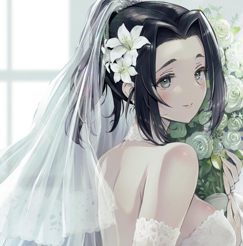 1girl absurdres bangs black_hair blush bridal_gauntlets bridal_veil bride choker dress earrings ebihara_naho flower forehead gloves hair_flower hair_ornament highres idolmaster idolmaster_cinderella_girls indoors jewelry lace-trimmed_choker lace-trimmed_dress lace-trimmed_gloves lace_trim light_smile lily_(flower) looking_at_viewer looking_back parted_bangs ponytail rose shoulder_blades solo sunlight tiara toruneko upper_body veil white_dress white_flower white_rose window