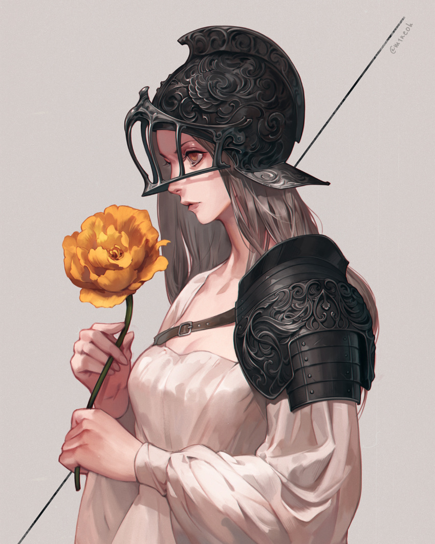 1girl armor breasts brown_eyes dress flower from_side grey_background grey_hair helmet highres jiro_(ninetysix) knight lips long_hair medium_breasts original shoulder_armor solo upper_body white_dress