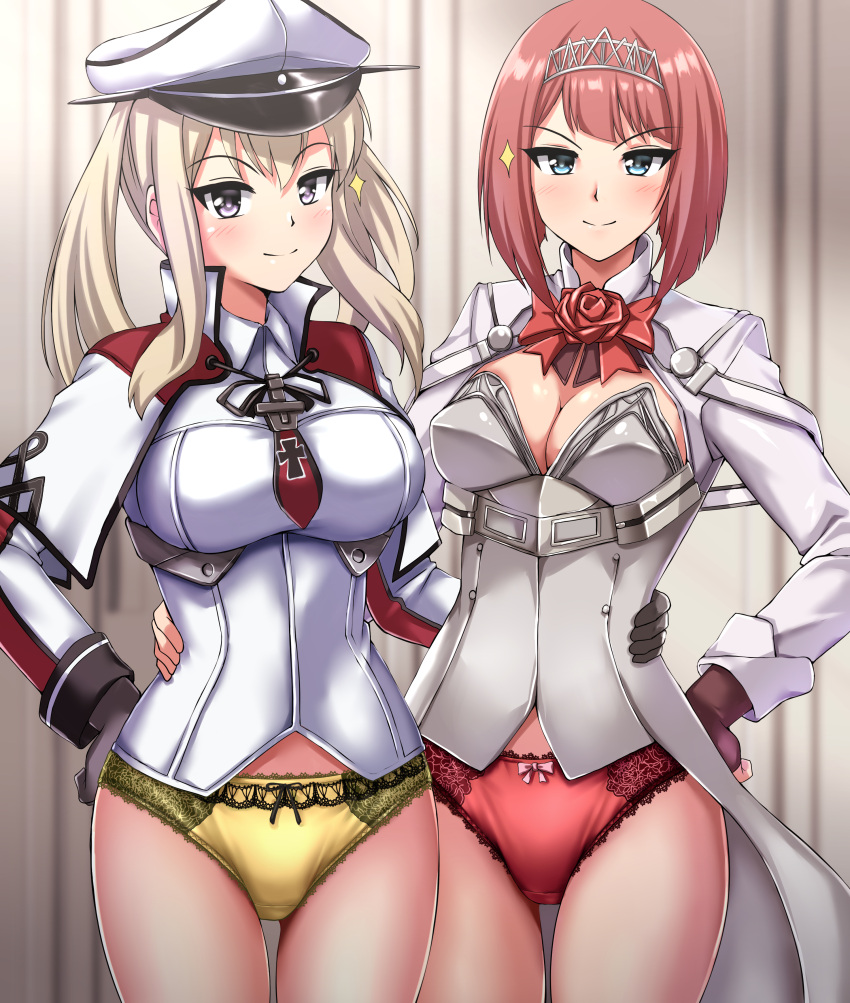 2girls absurdres ark_royal_(kancolle) bangs black_gloves blonde_hair blue_eyes blunt_bangs bob_cut breasts brown_gloves celtic_knot cleavage_cutout clothing_cutout corset cross fingerless_gloves flower gloves graf_zeppelin_(kancolle) hair_between_eyes hat highres inverted_bob iron_cross jacket kantai_collection large_breasts long_sleeves medium_breasts military military_uniform multiple_girls panties peaked_cap purple_eyes red_flower red_hair red_panties red_ribbon red_rose ribbon rose short_hair sidelocks tiara twintails underwear uniform white_corset white_jacket yellow_panties zanntetu