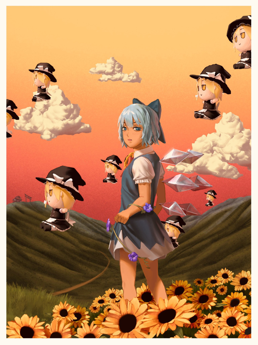 1girl apron bangs black_headwear black_skirt black_vest blonde_hair blue_bow blue_dress blue_eyes blue_flower blue_hair border bow c: cirno cloud collared_shirt dress field flower flower_field flower_ornament frilled_apron frilled_hat frills from_side fumo_(doll) hair_bow hakurei_shrine hat hat_bow highres holding holding_clothes holding_skirt ice ice_wings kips kirisame_marisa mixed-language_commentary open_mouth outstretched_arms path photo-referenced plant puffy_short_sleeves puffy_sleeves shirt short_sleeves skirt smile solo_focus spread_arms sunflower sunset tanned_cirno torii touhou tyler_the_creator vest vines waist_apron white_apron white_border white_bow white_shirt wings witch_hat yellow_eyes