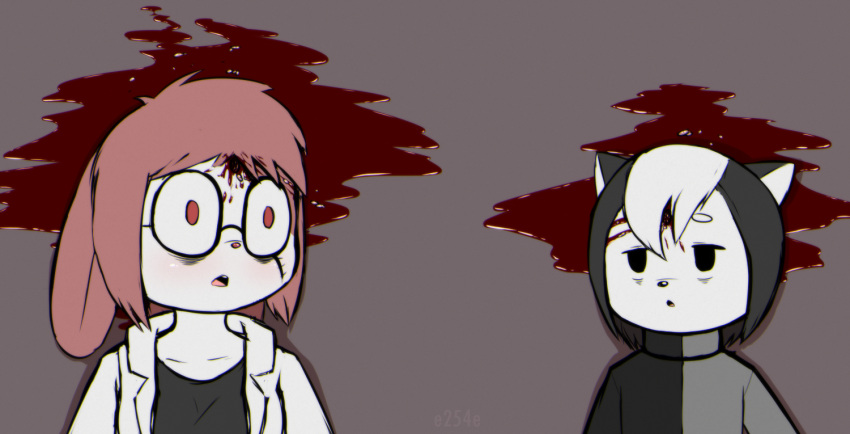 age_difference anthro bags_under_eyes black_body black_fur black_nose blood blood_on_face blood_pool blood_splatter blush bodily_fluids brain breasts buckteeth bullet_hole clothed clothing collarbone constricted_pupils corpse death dr._emilia_(e254e) duo e254e ears_down eyewear fatal_wound female fully_clothed fur glasses gore gunshot_wound head_tuft head_wound headshot issac_(e254e) lagomorph leporid lying male mammal mephitid murdered older_female on_back open_mouth organs perforating_wound pink_body pink_fur pink_nose pivoted_ears pupils rabbit red_eyes scar shocked simple_eyes skunk small_pupils teeth tuft turtleneck white_body white_fur wounded young younger_male