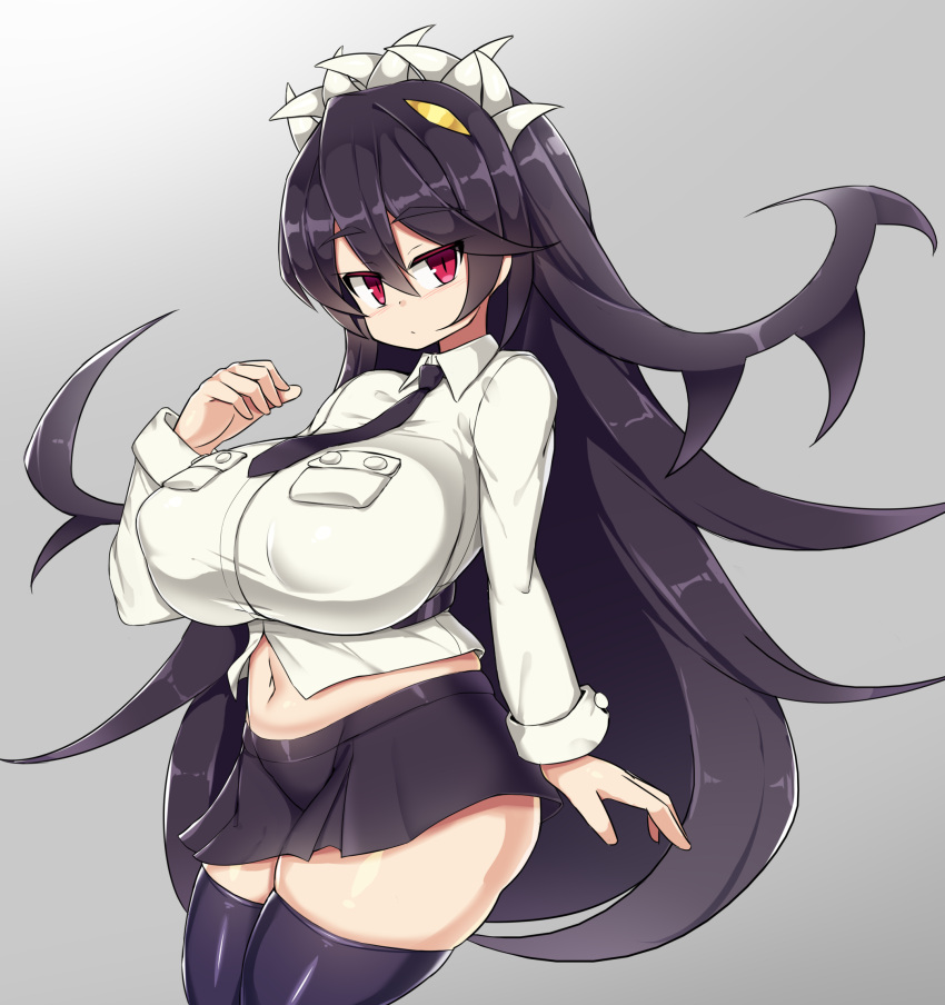 1girl alternate_breast_size arms_behind_back bangs black_legwear black_necktie black_skirt blush breasts collared_shirt curvy eyebrows_visible_through_hair filia_(skullgirls) grey_background grey_shirt hair_between_eyes highres huge_breasts large_breasts long_hair long_sleeves looking_at_viewer midriff navel necktie pleated_skirt plump red_eyes samson_(skullgirls) sawati shirt sidelocks simple_background skindentation skirt skullgirls solo stomach thick_thighs thighhighs thighs