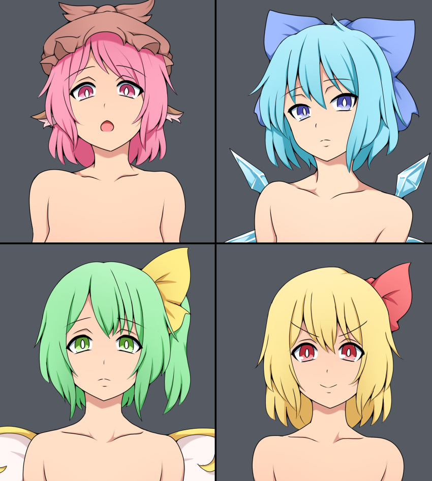4girls absurdres blonde_hair blue_eyes blue_hair breasts cirno collarbone commentary_request daiyousei don't_say_"lazy" fairy_wings flat_chest frown green_eyes green_hair hair_ribbon hat highres ice ice_wings k-on! mob_cap multiple_girls mystia_lorelei nude one_side_up parody pink_eyes pink_hair red_eyes ribbon rumia small_breasts smile suwaneko team_9 touhou v-shaped_eyebrows wings