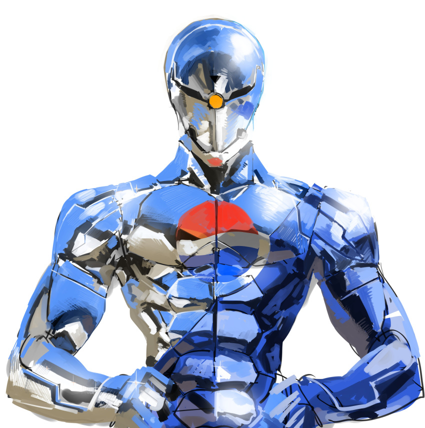 1boy abs absurdres asimo_(hakurei10201) cosplay cyborg cyborg_ninja hands_on_hips happier10201 highres logo looking_at_viewer ninja pepsi pepsiman pepsiman_(cosplay) pepsiman_(game) shiny white_background