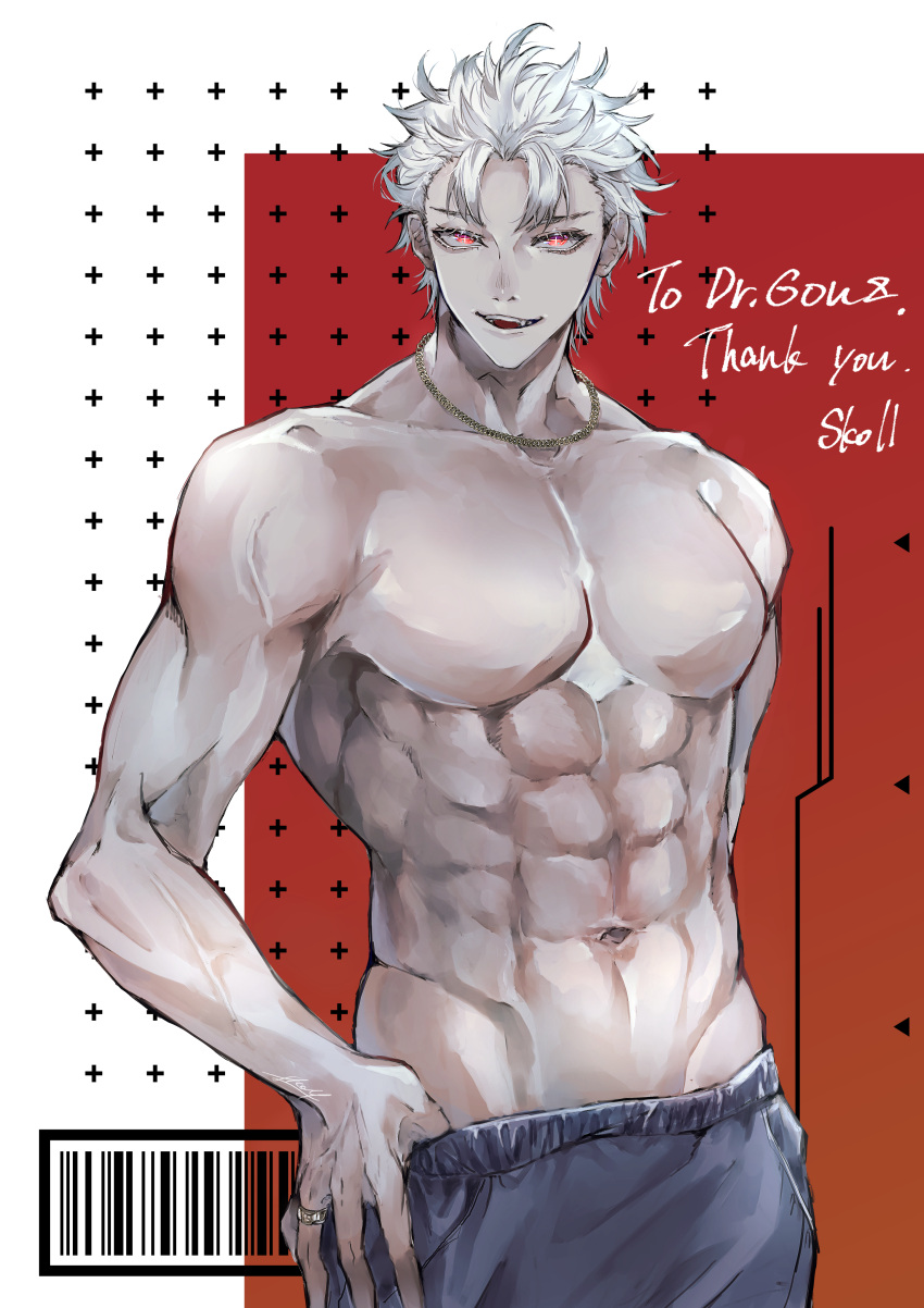 1boy absurdres chain_necklace doctahgonz doctor dr.gonz highres jewelry male_focus mature_male muscular muscular_male non-web_source original red_eyes ring topless_male twitter_username white_hair