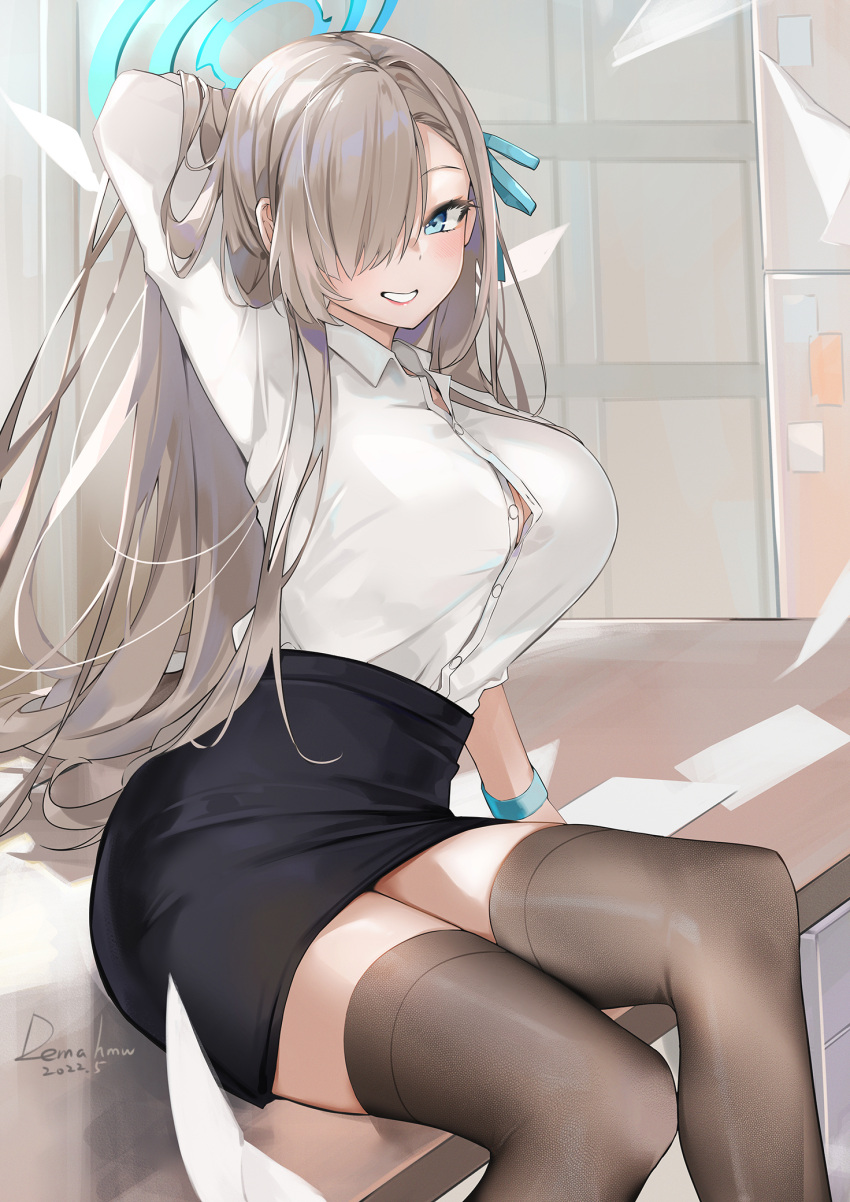 1girl arm_behind_head arm_up asuna_(blue_archive) black_skirt blue_archive blue_eyes breasts button_gap dema_hmw dress_shirt grey_hair grey_legwear grin hair_over_one_eye halo high-waist_skirt highres large_breasts long_hair long_sleeves looking_at_viewer miniskirt office_lady partially_unbuttoned pencil_skirt shirt shirt_tucked_in sitting skirt smile solo thighhighs very_long_hair white_shirt wristband zettai_ryouiki