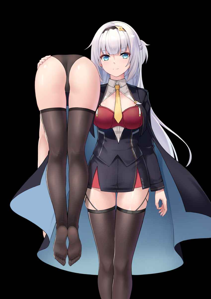 2girls absurdres ass black_legwear black_skirt blue_eyes breasts carrying carrying_over_shoulder carrying_person cleavage_cutout clothing_cutout highres large_breasts long_hair long_sleeves miniskirt multiple_girls necktie pencil_skirt petal_house skirt standing thighhighs very_long_hair warship_girls_r white_hair yellow_necktie