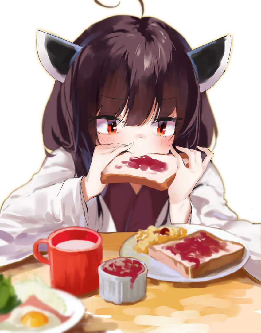 1girl ahoge bangs blush bread brown_hair commentary_request cup eating eyebrows_visible_through_hair food hair_between_eyes hands_up headgear highres holding holding_food japanese_clothes kimono lamb_(hitsujiniku) long_sleeves milk mug plate red_eyes simple_background solo touhoku_kiritan voiceroid white_background white_kimono wide_sleeves