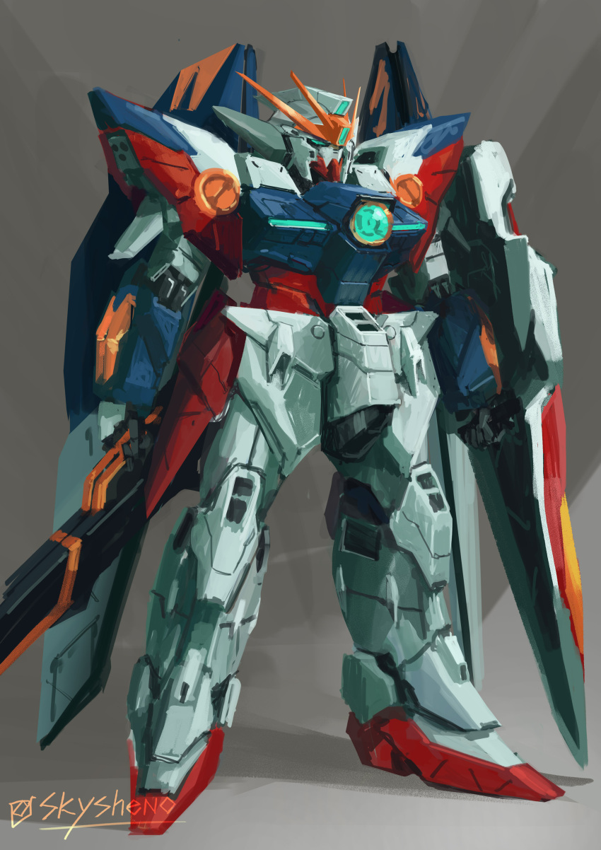 absurdres aqua_eyes english_commentary grey_background gun gundam gundam_wing highres holding holding_gun holding_shield holding_weapon looking_ahead mecha mechanical_wings mobile_suit no_humans science_fiction shield sky_(sky_sheno) solo standing v-fin weapon wing_gundam wings