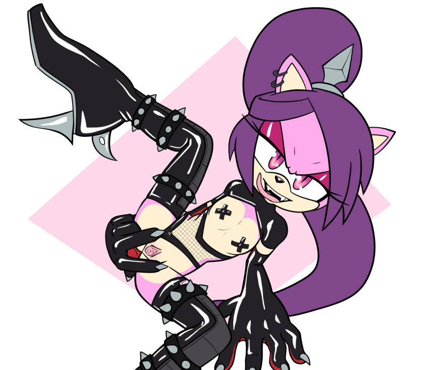 anthro boots bottomless clothed clothing eulipotyphlan fangs female fishnet flat_chested footwear fours_(artist) genitals gloves hair handwear hedgehog hi_res high_heeled_boots high_heels latex_gloves latex_stockings licking licking_lips looking_at_viewer mammal nipple_tape one_leg_up pasties purple_hair pussy raised_leg solo spread_legs spread_pussy spreading star_the_spineless_hedgehog tape tongue tongue_out