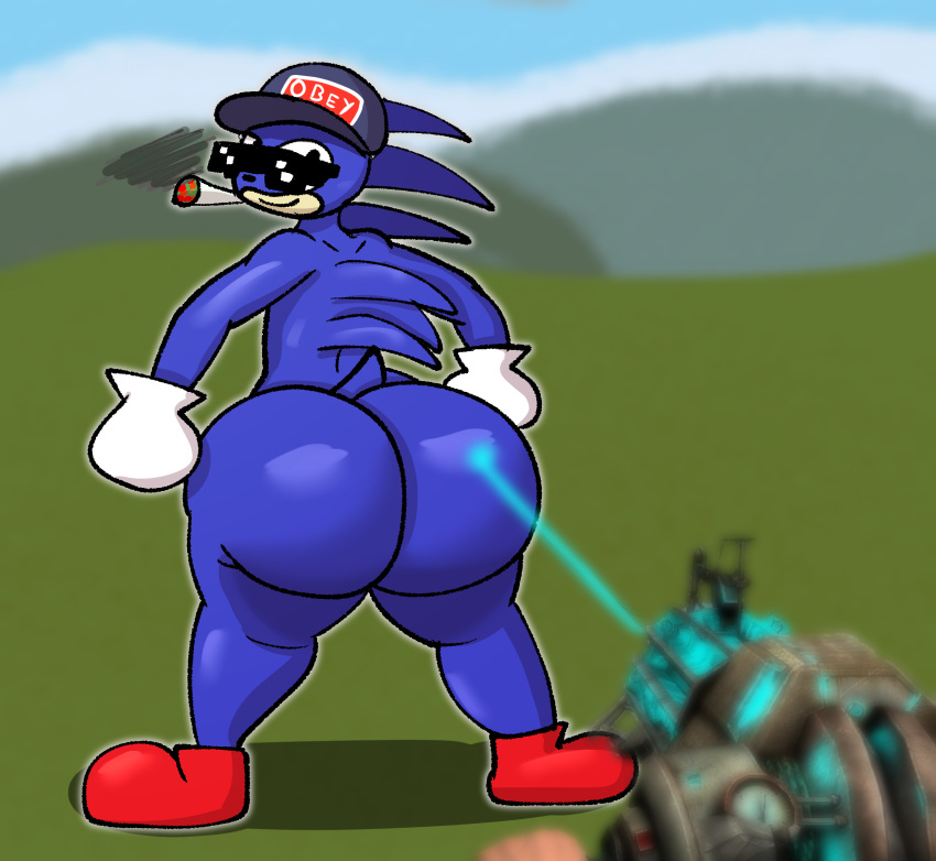 3d_(artwork) anthro big_butt blue_body blue_fur butt butt_grab clothing deal_with_it dezmine21 digital_media_(artwork) drugs english_text eulipotyphlan eyewear fan_character footwear frozen fur garry's_mod glasses gloves grass grass_field hand_on_butt handwear hat headgear headwear hedgehog hi_res human looking_at_viewer looking_back male mammal marijuana meme mlg nude outside plant sanic sega simple_background smile smoke smoking solo sonic_the_hedgehog sonic_the_hedgehog_(series) sunglasses text thick_thighs topwear video_games wide_hips