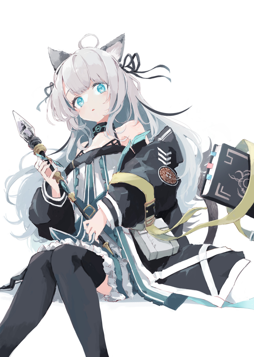 1girl absurdres ahoge animal_ears arknights bangs blue_eyes book cat_ears cat_girl dress hair_ribbon highres jacket long_hair mint_(arknights) off_shoulder ribbon sleeveless sleeveless_dress solo spaghetti_strap staff thighhighs tokorinowa white_hair