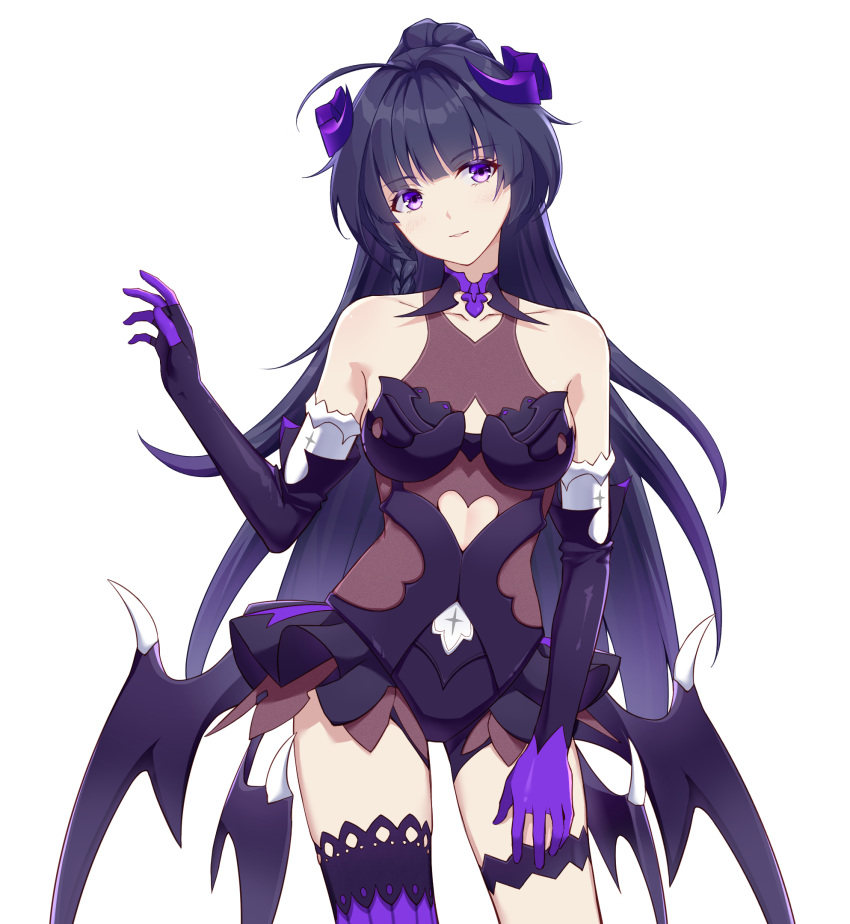 bangs bare_shoulders breasts cleavage closed_mouth dress elbow_gloves gloves halloween_costume highres honkai_(series) honkai_impact_3rd horns long_hair ponytail purple_dress purple_eyes purple_gloves purple_hair purple_legwear raiden_mei raiden_mei_(lightning_empress) simple_background single_thighhigh thighhighs white_background zoooyt