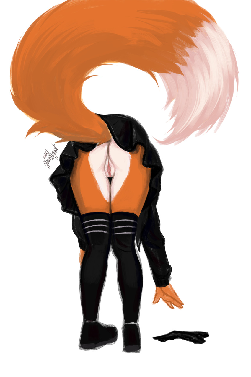 absurd_res anthro bottomwear butt canid canine clothed clothing costume female fox genitals hi_res legwear mammal panties pussy raised_bottomwear raised_clothing raised_skirt skirt solo solo_focus stockings underwear youraugust