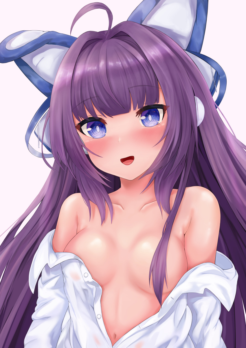 1girl :d absurdres ahoge azur_lane blue_eyes blush breasts collared_shirt commentary_request dress_shirt hair_censor hair_intakes hair_over_breasts hair_over_one_breast highres long_hair looking_at_viewer navel off_shoulder open_clothes open_shirt pink_background purple_hair ryara shirt simple_background small_breasts smile solo tashkent_(azur_lane) upper_body white_shirt