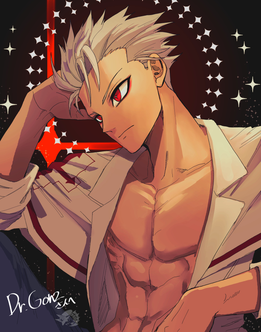 1boy absurdres chain_necklace doctahgonz doctor dr.gonz highres jewelry male_focus mature_male muscular muscular_male non-web_source original red_eyes ring topless_male twitter_username virtual_youtuber white_hair