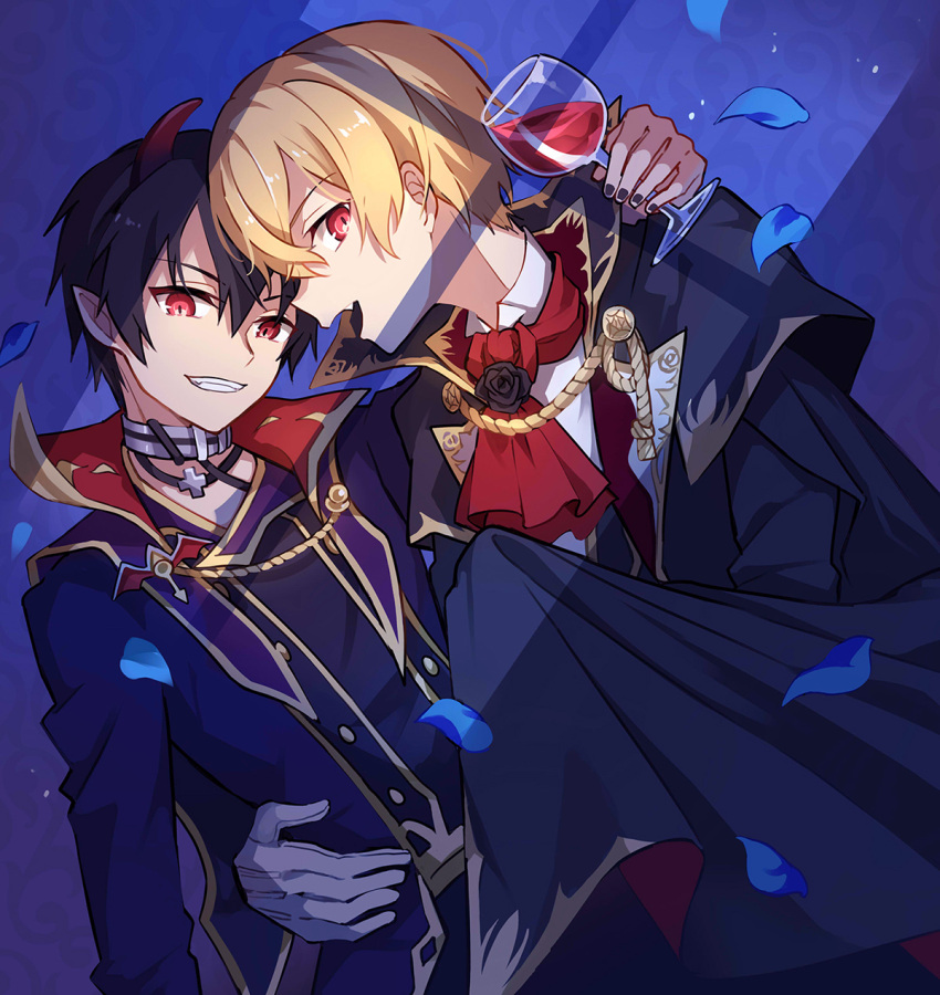 2boys ascot bangs black_hair black_nails blonde_hair cup drinking_glass eugeo eyebrows_visible_through_hair fang gloves grin hair_between_eyes highres holding holding_cup horns kirito looking_at_viewer male_focus multiple_boys nail_polish open_mouth petals pointy_ears red_ascot red_eyes short_hair shoura skin_fang smile sword_art_online vampire white_gloves wine_glass yaoi