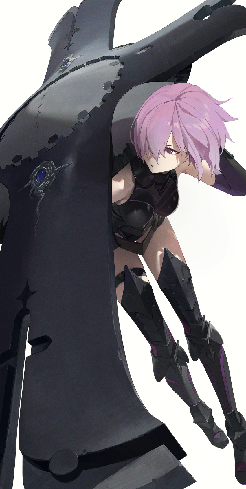 1girl absurdres armor armored_dress bangs bare_shoulders breasts commentary_request elbow_gloves expressionless fate/grand_order fate_(series) full_body gloves hair_over_one_eye highres holding holding_shield holding_weapon light_purple_hair looking_away lord_camelot_(fate) mash_kyrielight modare over_shoulder pink_hair purple_eyes purple_hair serious shield short_hair simple_background solo weapon weapon_over_shoulder white_background