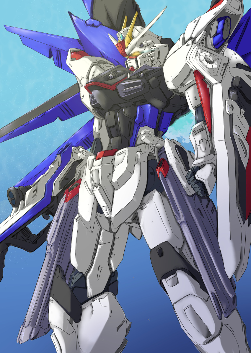 absurdres beam_saber clenched_hand datalyf freedom_gundam glowing glowing_eye gun gundam gundam_seed highres holding holding_gun holding_shield holding_weapon mecha mechanical_wings mobile_suit no_humans science_fiction shield solo v-fin weapon wings yellow_eyes