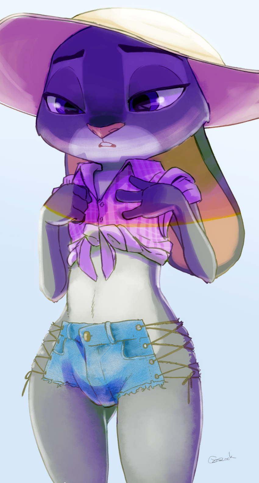 absurd_res anthro bottomwear clothing disney female grey_body hi_res hotpants judy_hopps lagomorph leporid mammal purple_eyes rabbit shorts solo zigrock001 zootopia