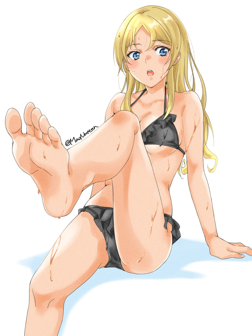 1girl absurdres barefoot bikini black_bikini blonde_hair blue_eyes breasts feet_out_of_frame frilled_bikini frills highres kantai_collection large_breasts looking_at_viewer maonatten nelson_(kancolle) one-hour_drawing_challenge simple_background sitting solo swimsuit wet white_background