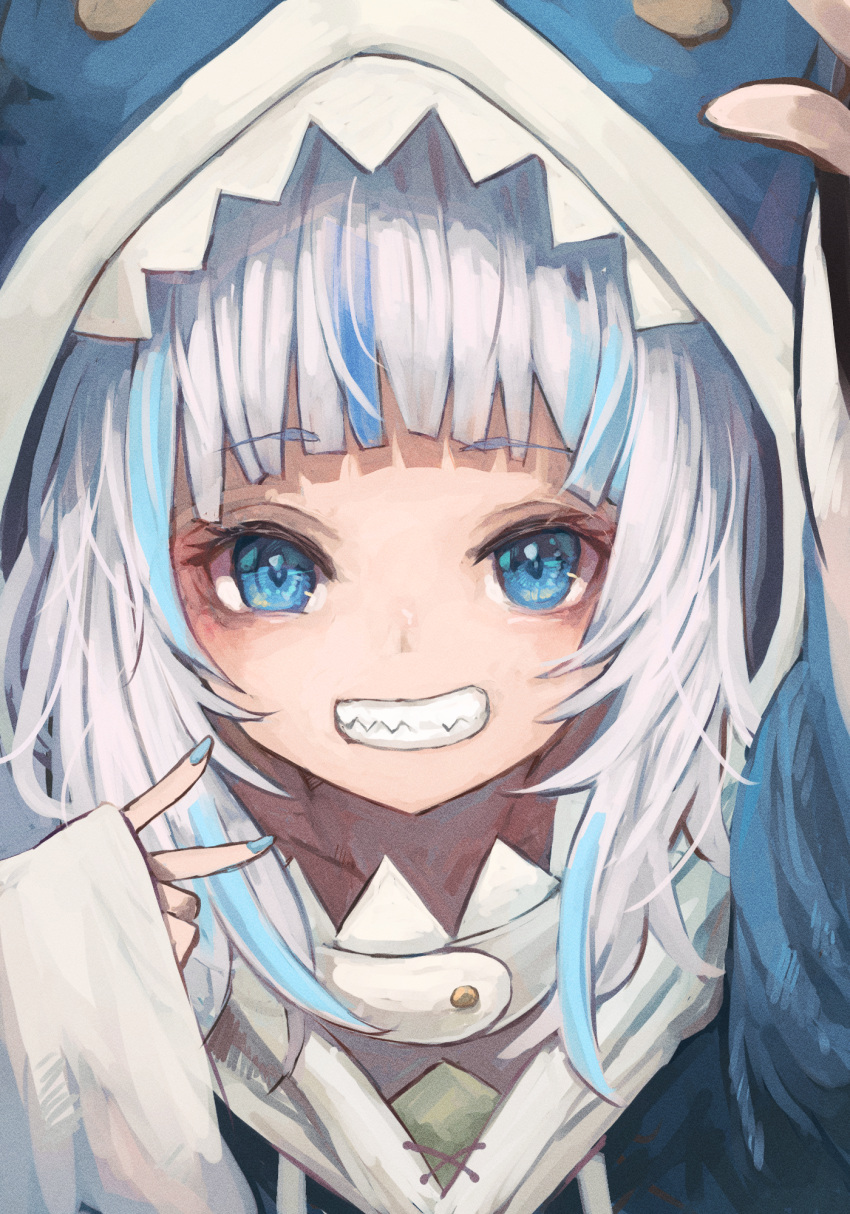 1girl animal_hood bangs blue_eyes blunt_bangs eyebrows_visible_through_hair gawr_gura highres hololive hololive_english hood looking_at_viewer multicolored_hair nyucha shark_hood sharp_teeth smile solo teeth two-tone_hair upper_body virtual_youtuber white_hair