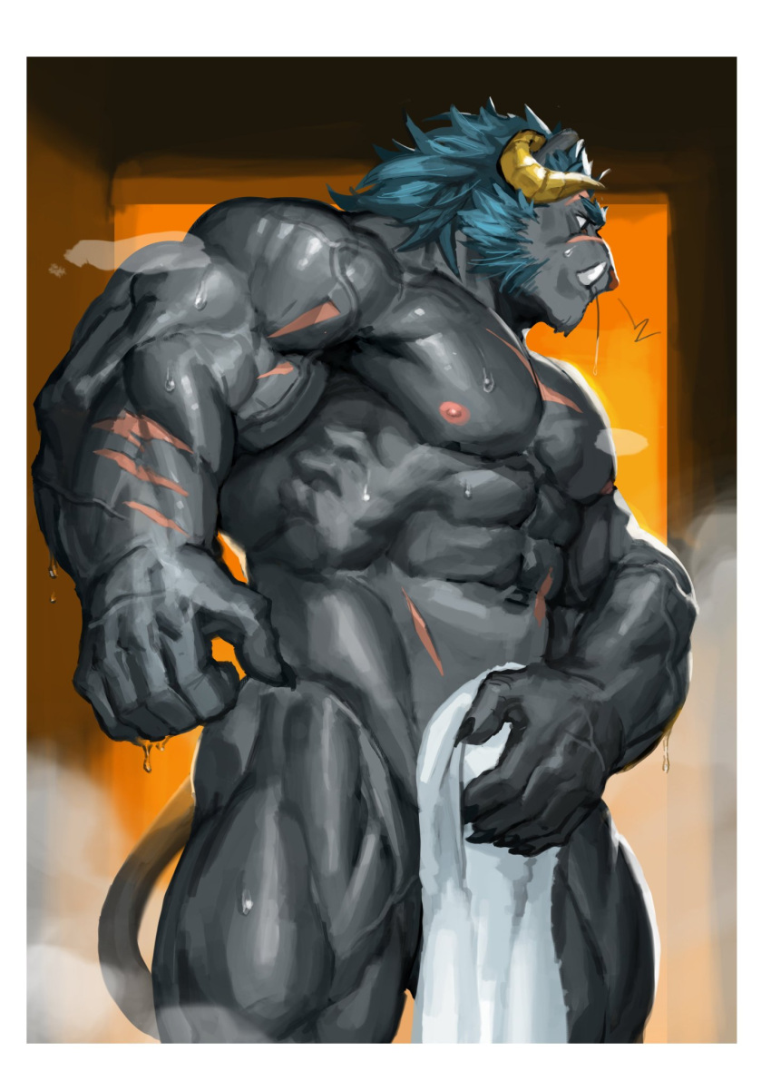 anthro blue_hair bodily_fluids demon fangs felid hair hi_res horn humanoid krampus_(housamo) male mammal mostly_nude muscular muscular_anthro muscular_male nipples pantherine scar solo steam traver009 vein veiny_muscles