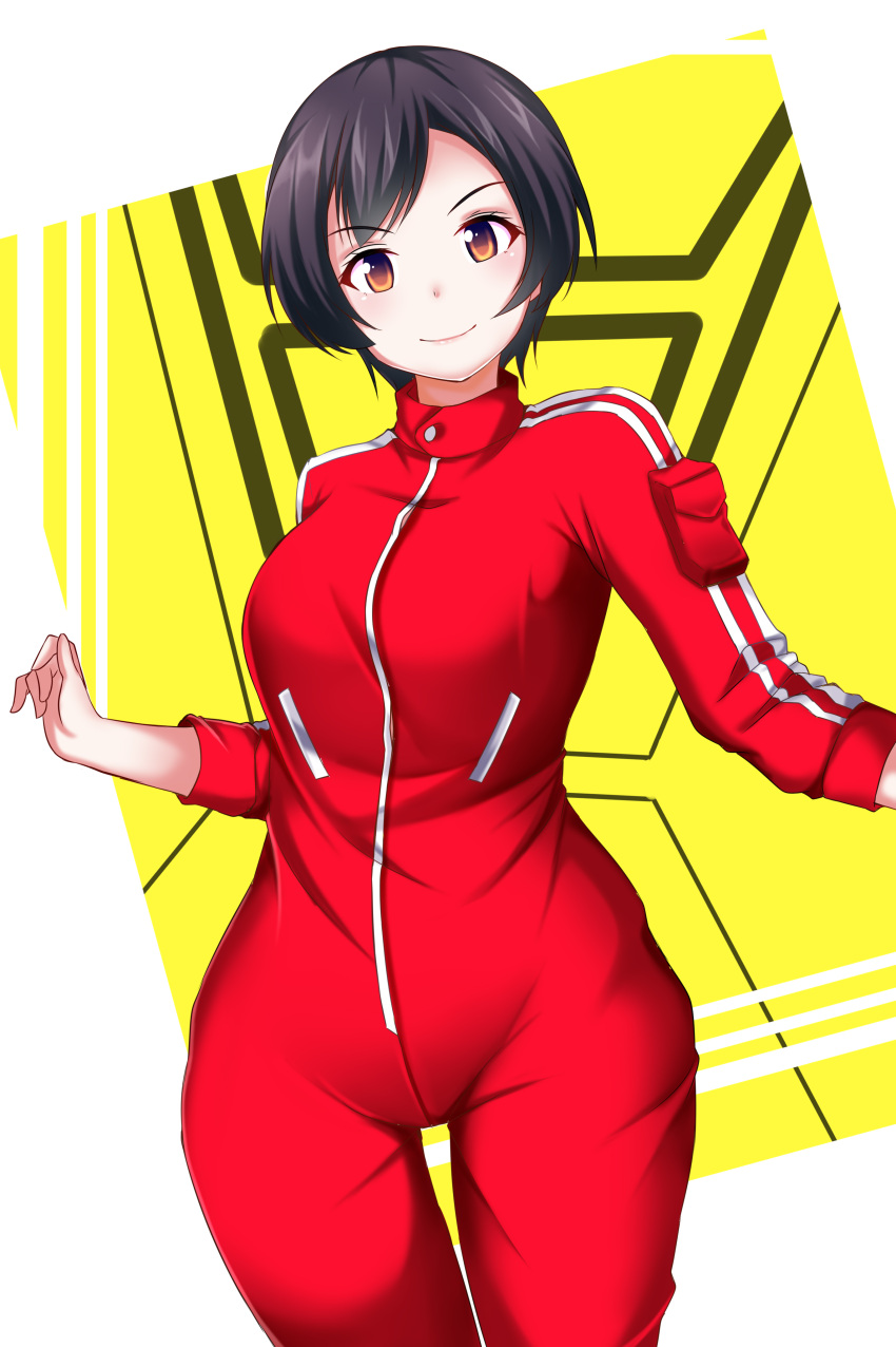 1girl absurdres black_hair bodysuit breasts brown_eyes gekisou_sentai_carranger highres long_sleeves looking_at_viewer medium_breasts pandacross pouch red_bodysuit shinohara_natsumi short_hair smile solo standing super_sentai yellow_background