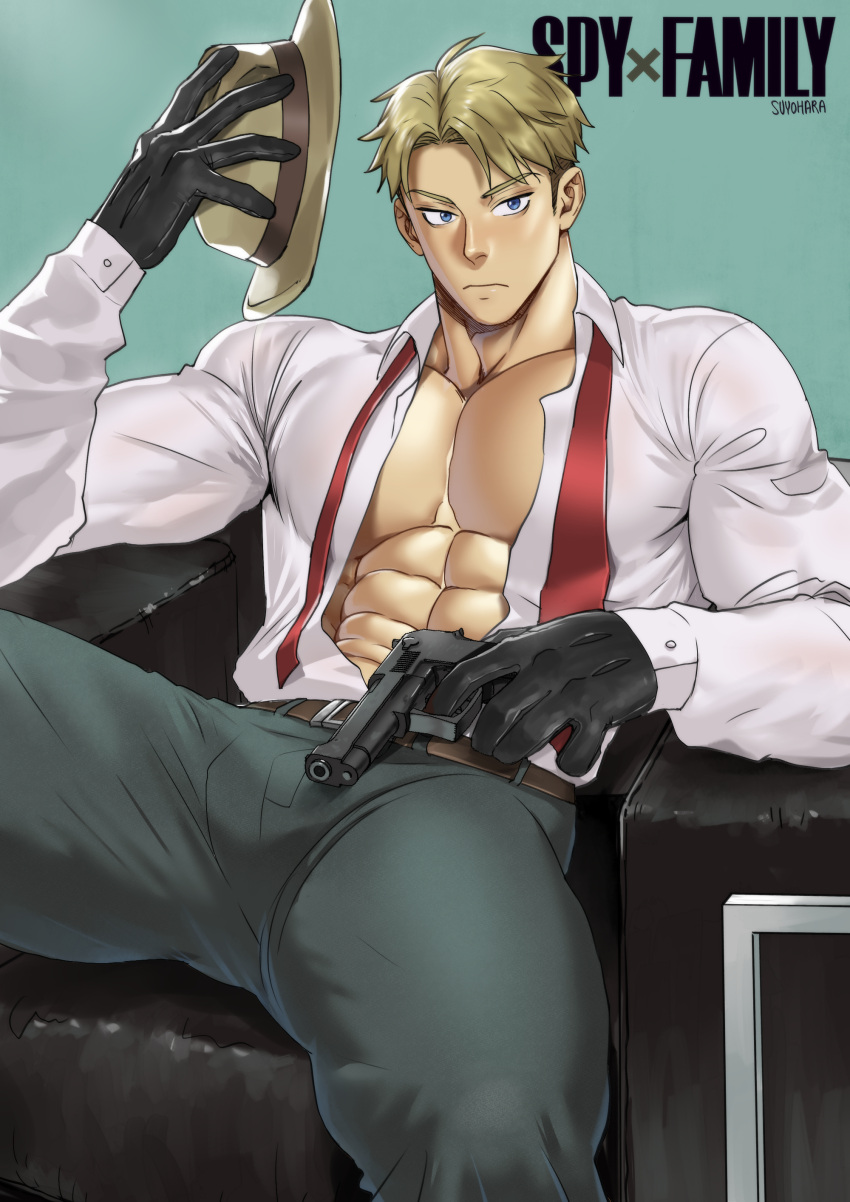 1boy abs absurdres artist_name bara belt black_gloves blonde_hair blue_eyes brown_belt closed_mouth collared_shirt copyright_name gloves green_pants gun hat highres holding holding_clothes holding_gun holding_hat holding_weapon large_pectorals male_focus muscular muscular_male open_clothes open_shirt pants pectorals shirt short_hair sitting solo spy_x_family suyohara twilight_(spy_x_family) undone_necktie weapon white_shirt