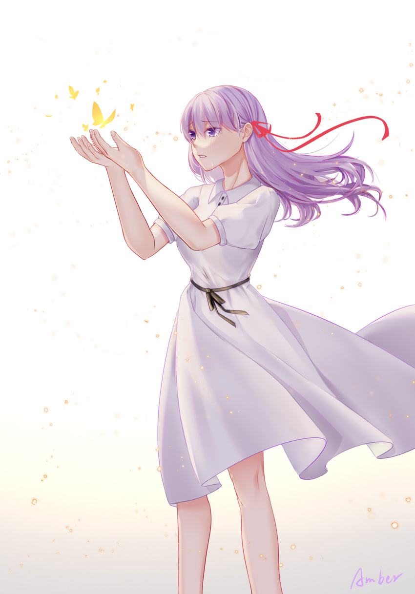 1girl amberdl artist_name breasts bug butterfly collared_dress commentary_request dress eyebrows_visible_through_hair fate/stay_night fate_(series) feet_out_of_frame gradient gradient_background hair_ribbon hands_up heaven's_feel highres long_hair matou_sakura medium_breasts official_alternate_costume parted_lips puffy_short_sleeves puffy_sleeves purple_eyes purple_hair red_ribbon ribbon short_sleeves solo tears white_dress