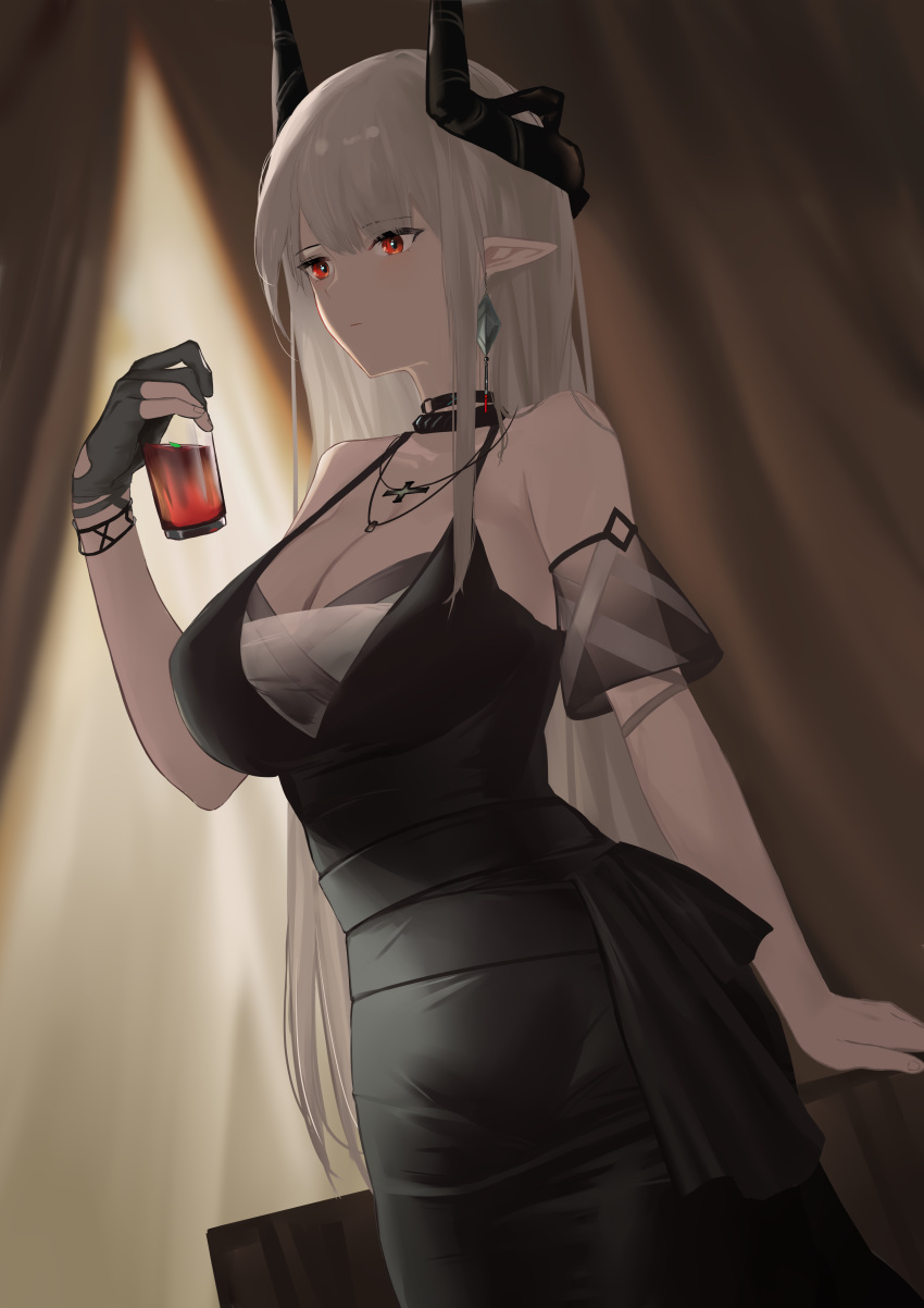 1girl absurdres arknights bangs bare_shoulders black_choker black_dress black_gloves breasts choker cleavage cowboy_shot cup detached_sleeves dress drinking_glass eyebrows_visible_through_hair gloves hand_up highres holding holding_cup horns indoors large_breasts long_hair mudrock_(arknights) mudrock_(obsidian)_(arknights) official_alternate_costume pointy_ears red_eyes short_sleeves single_glove solo spaghetti_strap very_long_hair white_hair xiaobei