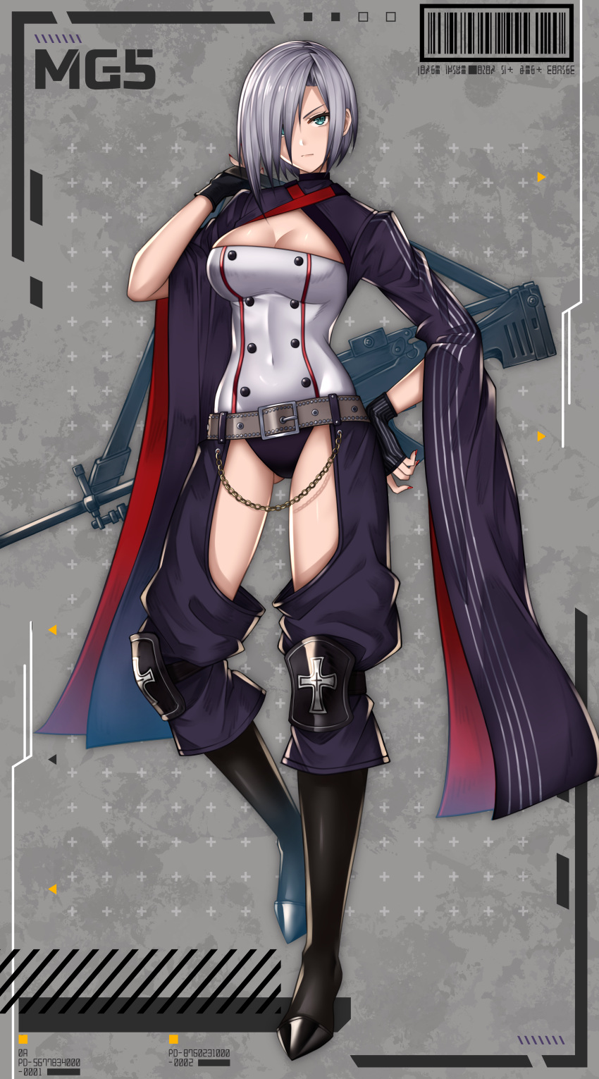 1girl absurdres annno_ans aqua_eyes ass_visible_through_thighs bangs barcode belt belt_buckle black_footwear black_gloves boots breasts buckle chaps character_name cleavage cleavage_cutout closed_mouth clothing_cutout commentary commission covered_navel eyebrows_visible_through_hair fingerless_gloves full_body girls'_frontline gloves green_eyes grey_hair gun h&amp;k_mg5 hair_between_eyes hair_over_one_eye hand_on_hip highres knee_pads leotard lips looking_at_viewer machine_gun medium_breasts mg5_(girls'_frontline) nail_polish red_nails revision short_hair simple_background skeb_commission solo standing thighs very_long_sleeves weapon weapon_on_back wide_sleeves