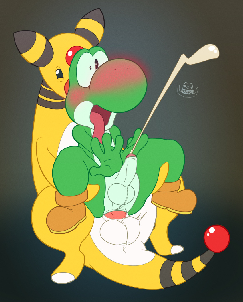 ampharos anal anal_penetration anthro balls bodily_fluids bovid boyhowdy caprine cross-eyed cum dinosaur duo ejaculation erection feral genital_fluids genitals hands-free hands_under_legs hi_res interspecies male male/male mammal mario_bros nintendo penetration pok&eacute;mon pok&eacute;mon_(species) pok&eacute;philia reptile scalie sheep shocked shocked_expression simple_background video_games yoshi yoshi_(character)