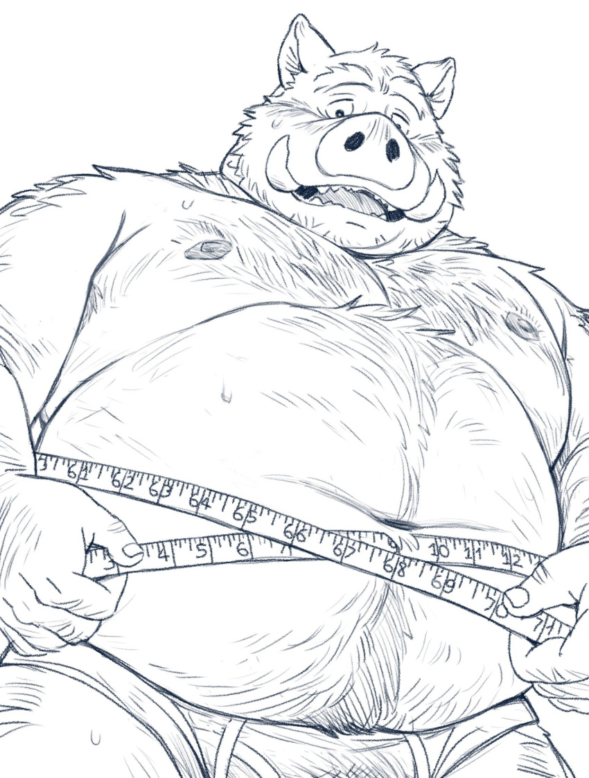 2022 anthro belly big_belly bodily_fluids clothing hi_res humanoid_hands huynhduyad14 kemono male mammal moobs navel nipples overweight overweight_male simple_background solo suid suina sus_(pig) sweat underwear wild_boar