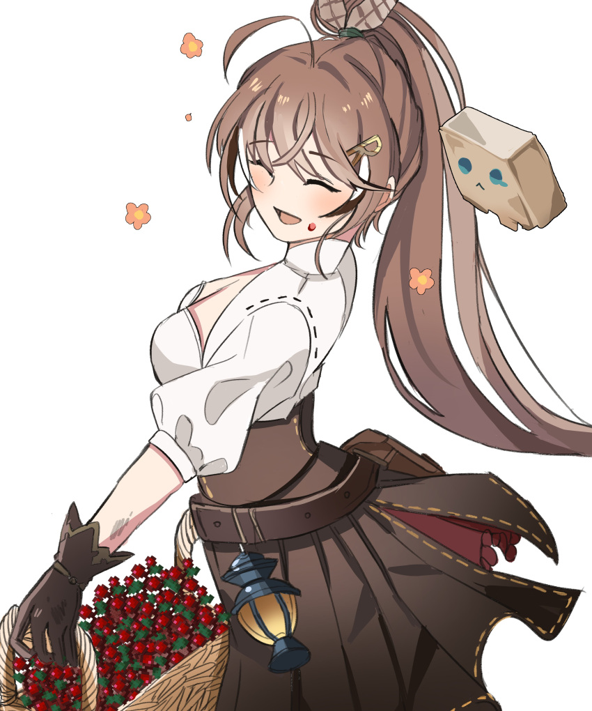 1girl absurdres ahoge bag basket belt berry brown_corset brown_gloves brown_hair closed_eyes corset feather_hair_ornament feathers flower_(symbol) friend_(nanashi_mumei) gloves hair_ornament hairclip highres hololive hololive_english lantern long_hair multicolored_hair nanashi_mumei paper_bag pleated_skirt ponytail pouch red_skirt rudang shirt skirt smile streaked_hair very_long_hair virtual_youtuber white_shirt