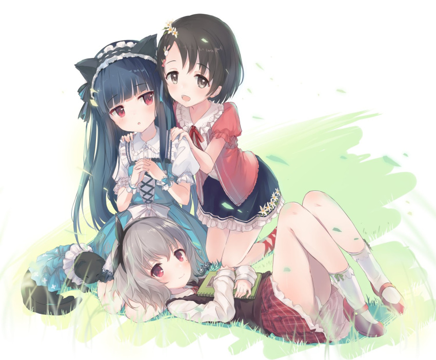 3girls :d animal_ears bangs black_cat black_hair blunt_bangs blush book book_hug cat dark_blue_hair fake_animal_ears falling_leaves flower frilled_hairband frills grass grey_hair hair_flower hair_ornament hairband hands_on_another's_shoulders highres holding holding_book idolmaster idolmaster_cinderella_girls kneeling knees_up lap_pillow leaf lolita_fashion long_hair looking_at_another looking_at_viewer lying multiple_girls narumiya_yume nimura_yuuji object_hug on_back own_hands_together panties petticoat puffy_short_sleeves puffy_sleeves red_eyes sajo_yukimi sasaki_chie short_hair short_sleeves simple_background smile straight_hair underwear very_long_hair white_panties