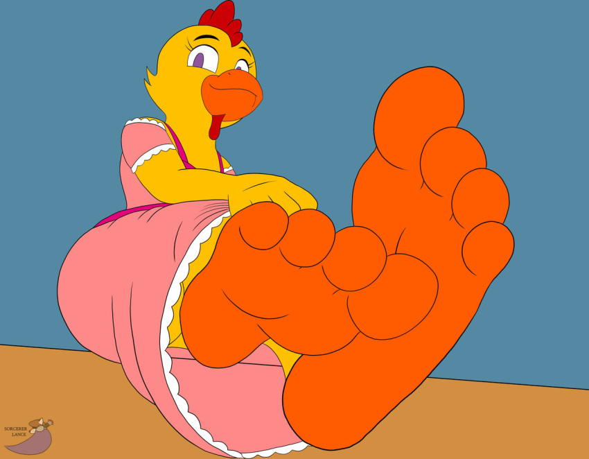 4:3 4_toes anthro avian bird chica_(fnaf) chicken feet female five_nights_at_freddy's foot_focus galliform gallus_(genus) phasianid scottgames soles solo sorcererlance toes video_games
