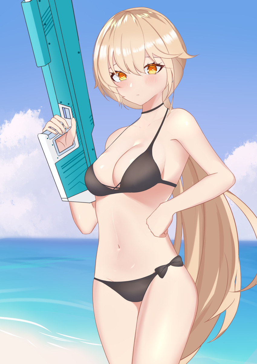 1girl absurdres bangs bare_shoulders beach bikini bingzhi_juzi black_bikini black_swimsuit blonde_hair blue_sky blush breasts chinese_commentary cleavage closed_mouth collarbone eyebrows_visible_through_hair feet_out_of_frame girls'_frontline girls'_frontline_2:_exilium hand_on_hip highres holding holding_water_gun long_hair looking_at_viewer medium_breasts navel ocean orange_eyes ots-14_(girls'_frontline) simple_background sky solo standing swimsuit water_gun