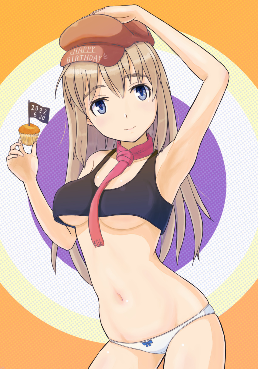 1girl armpits birthday black_tank_top blonde_hair blue_eyes blush breasts closed_mouth collarbone dated eyebrows_visible_through_hair food happy_birthday hat highres keicha_(kmoekaki) long_hair looking_at_viewer medium_breasts muffin navel no_bra panties red_scarf scarf shiny shiny_hair shiny_skin skindentation smile solo standing strike_witches tank_top underboob underwear white_panties wilma_bishop world_witches_series