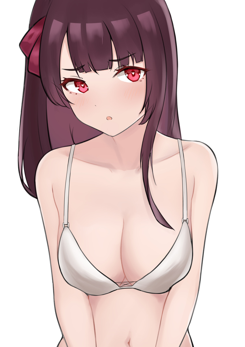 1girl :o absurdres bangs bare_shoulders bikini bikini_top_only bingzhi_juzi blush bra breasts chinese_commentary cleavage collarbone eyebrows_visible_through_hair girls'_frontline hair_ribbon highres long_hair looking_at_viewer medium_breasts navel open_mouth purple_hair red_eyes red_ribbon ribbon solo swimsuit underwear upper_body wa2000_(girls'_frontline) white_background white_bikini white_bra