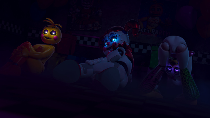 &lt;3 &lt;3_eyes absurd_res accessory anthro ashleyorange avian bird blue_eyes bottomless chicken circus_baby_(fnaf) clothed clothing clown clown_girl clown_makeup clown_nose clown_shoes eyeshadow feathers female five_nights_at_freddy's five_nights_at_freddy's:_security_breach five_nights_at_freddy's_2 galliform gallus_(genus) glamrock_chica_(fnaf) group hair hair_accessory hair_bow hair_ribbon hi_res humanoid leg_warmers legwear lipstick makeup orange_feet orange_legs phasianid pigtails purple_eyes red_hair ribbons scottgames shoulder_pads sister_location topwear toy_chica_(fnaf) trio video_games white_body white_feathers yellow_body yellow_feathers