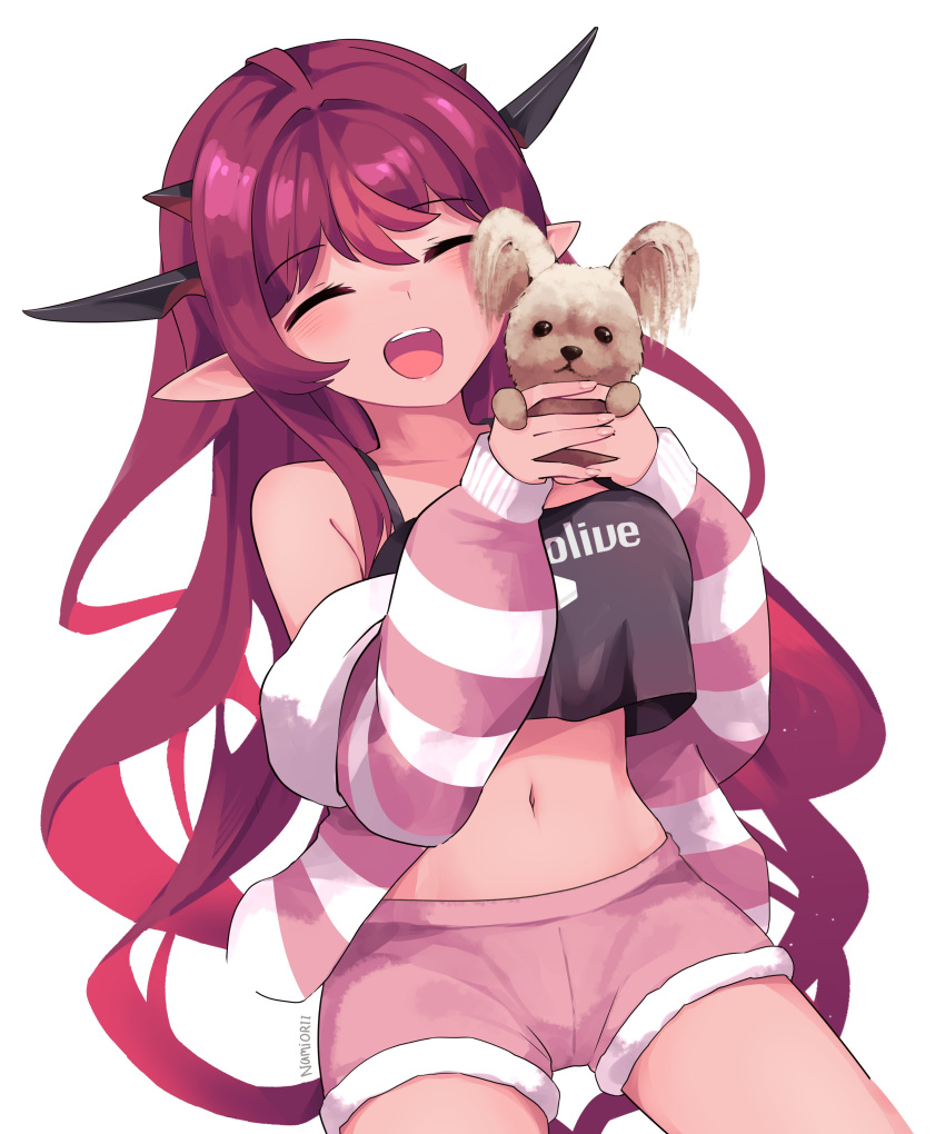 1girl absurdres animal bangs bare_shoulders blush closed_eyes cowboy_shot crop_top eyebrows_visible_through_hair highres holding holding_animal hololive hololive_english horns irys_(hololive) jacket long_hair long_sleeves midriff multiple_horns namiorii off_shoulder open_clothes open_jacket open_mouth pink_shorts pointy_ears red_hair short_shorts shorts signature simple_background solo standing striped striped_jacket thighhighs very_long_hair virtual_youtuber white_background