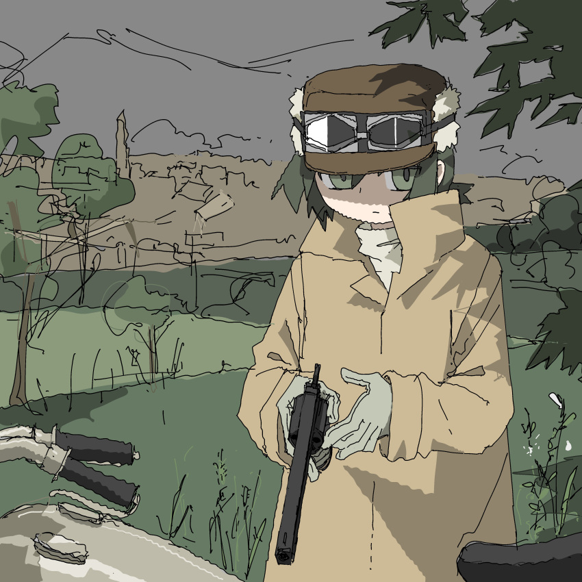 absurdres androgynous brown_headwear colt_1851_navy expressionless fur_hat gloves goggles goggles_on_headwear grass green_eyes green_hair grey_sky gun hat hermes_(kino_no_tabi) highres holding holding_gun holding_weapon kino_(kino_no_tabi) kino_no_tabi leather leather_gloves outdoors revolver short_hair sidelocks tomboy tree trench_coat tsukumizu_yuu ushanka weapon